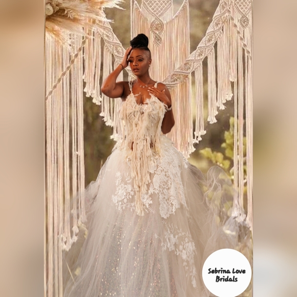 "ALYSHA" Powder Ivory & Blue Macrame Boho Wedding Ballgown Set - Picture 6 of 7